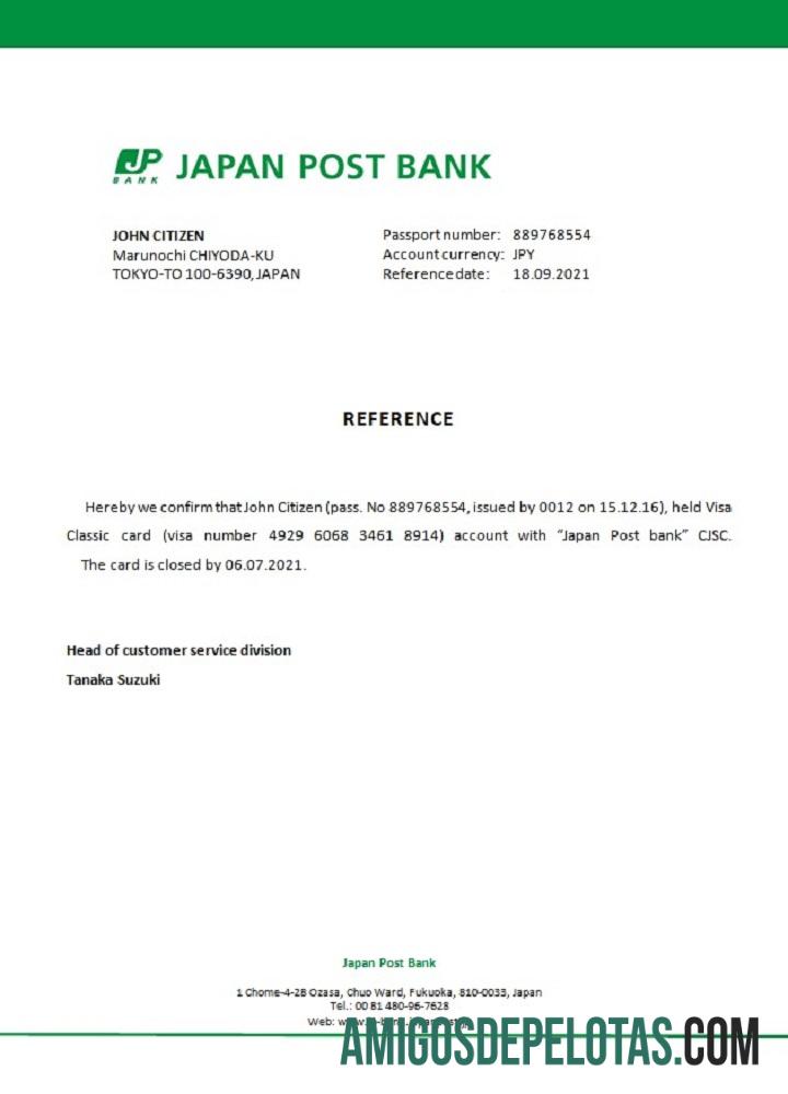Referência de fechamento do Japan Post Bank exemplo